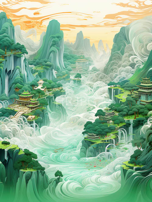 mystical mountains carpeted with emeraldgreen moss and turquoise rivers