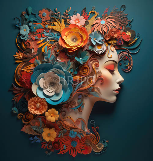 feminine profile in alabaster skin amidst kaleidoscopic floral patterns and teal background
