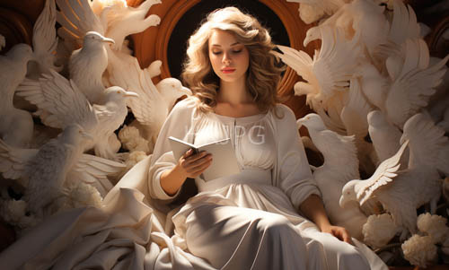 fragrant wisps of wavy hair mingle with flowing white robes in a serene sunlit ancient library