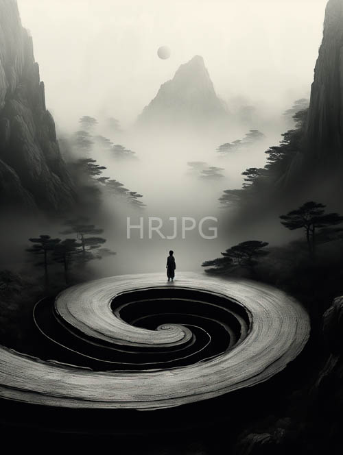 misty mountains rise into gray skies with rugged peaks disappearing into the veil that blanks the landscape with leafless trees and a solitary figure