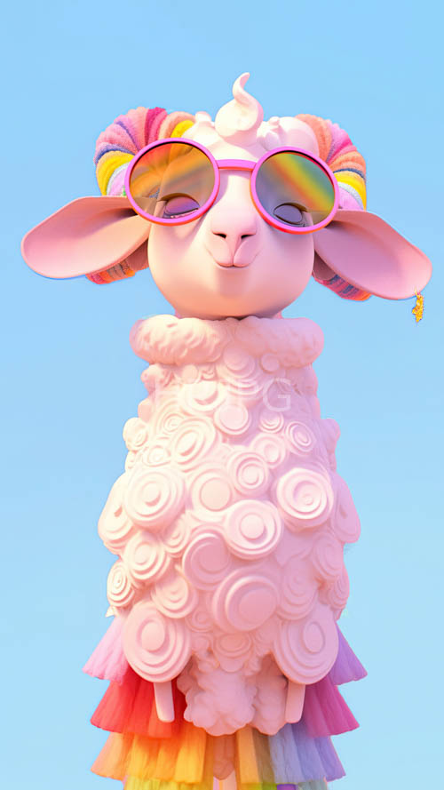 fluffy pink woolen sheep in rainbowstriped horns under clear blue skies