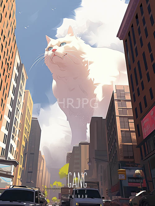enormous feline dominates urban landscape with furry texture and majestic presence