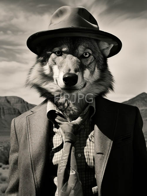 mountainous wolf in fedoras and checkered shirt amidst earthy tones and cloudy veil