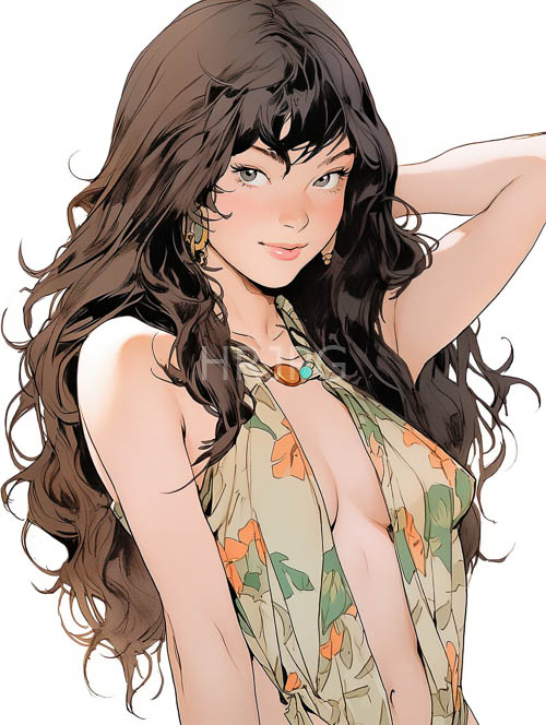 floral patterns undulate across taut porcelainlike skin in sunlit outdoor setting