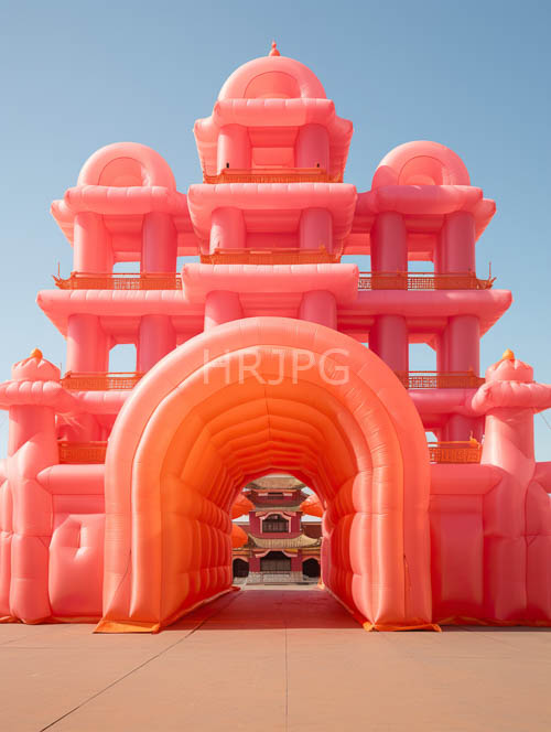 High Resolution: Inflatable Castle Structure Rises Under Clear Blue Skies in Majestic Whimsical Mirage download. | HRJPG.com