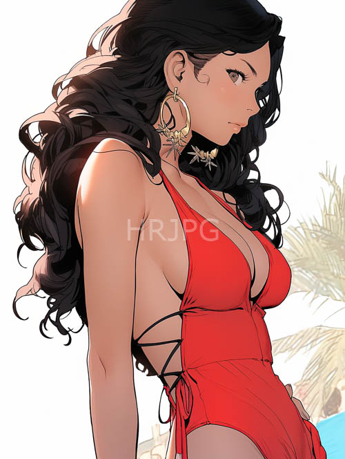 turquoise and cerulean hues dance across tanskinned womans luscious black hair in tropical setting with glinting gold earrings