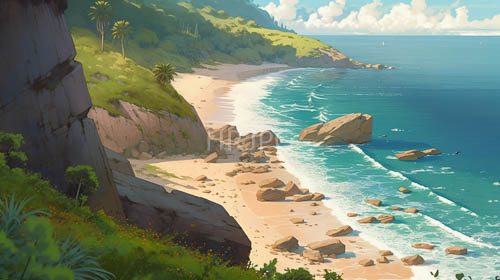 turquoise waves caress powdery white sand in tranquil beachscape with majestic cliffs