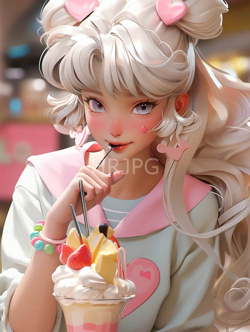 long white hair cascades down porcelain cheeks amidst pastel blue sailor uniform