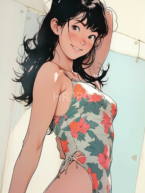 floralpatterned swimsuits unfold on slender backs in morning sunlit beach scenes