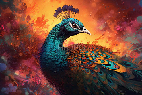 High Resolution: Peacocks Iridescent Hues Dance Against Fiery OrangeRed Background in Realistic Scenery download. | HRJPG.com