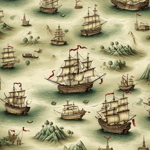 red flags flutter on wooden ships sailing past green islands
