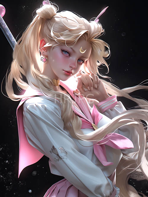 delicate features amidst sailors uniform in rosy hues and softly glimmering light
