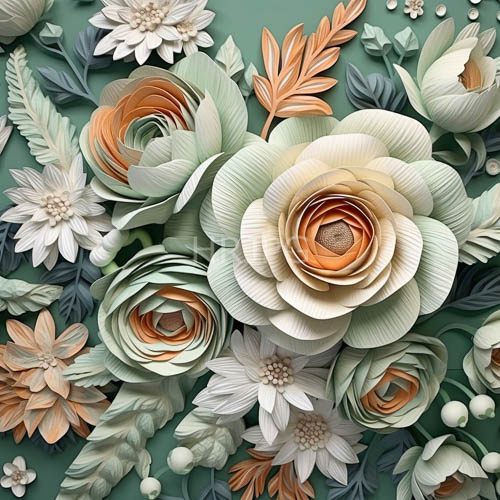 paper flowers in pale hues sway against teal backdrop with intricate textures