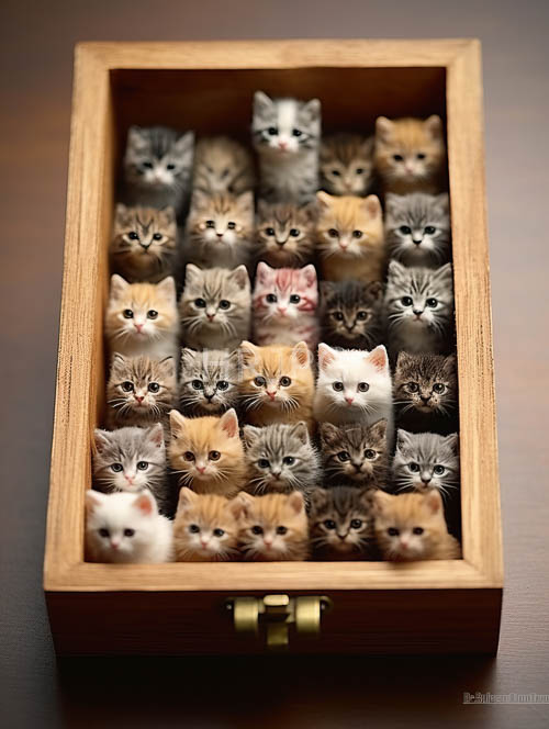 furry felines entwined with wooden box and morning light