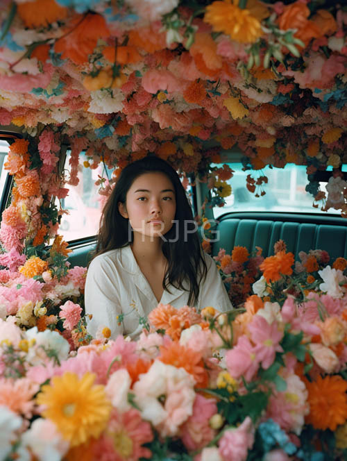 cascading dark tresses frame delicate features in a riot of bouquets