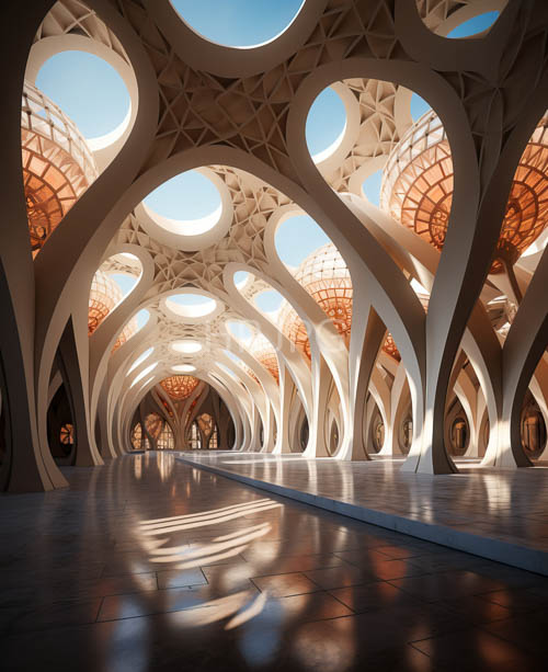 intricate glass arches spring from walls of polished stone in geometric patterned interior