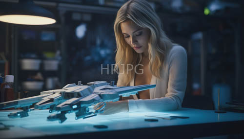 petite blonde woman crafts intricate miniature spaceship model in industrial workshop