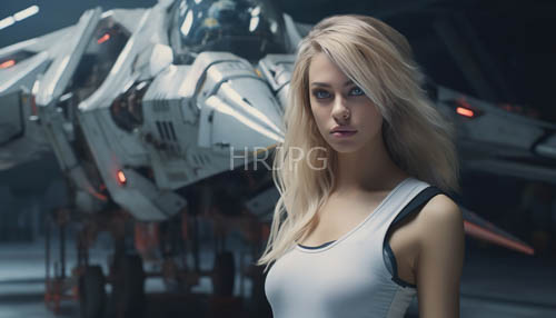 woman in metallic grey jet aircraft hangar with crimson engine nacelles and concrete beams