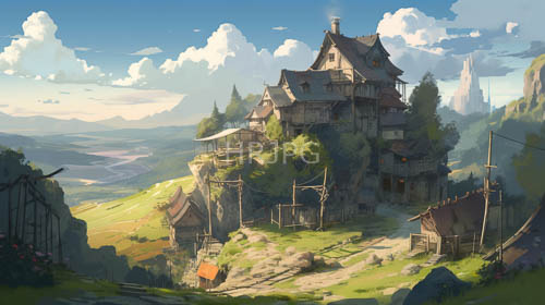 mountain village scenes of rugged facades and earthy thatched roofs amidst emerald hues