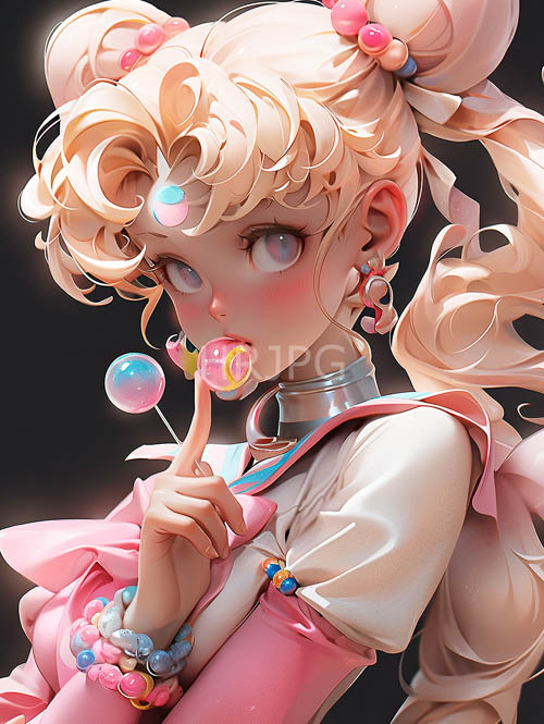 cascading curls dance amidst intricate sailor outfit details in expansive dark setting