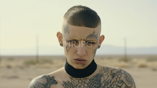 High Resolution: Angular cheekbones contrast with intricate chest tattoos in edgy fashion setting download. | HRJPG.com