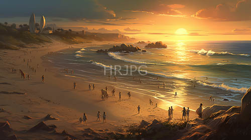 sunset hues cast golden glow on sandy dunes as turbulent waves crash against the shore