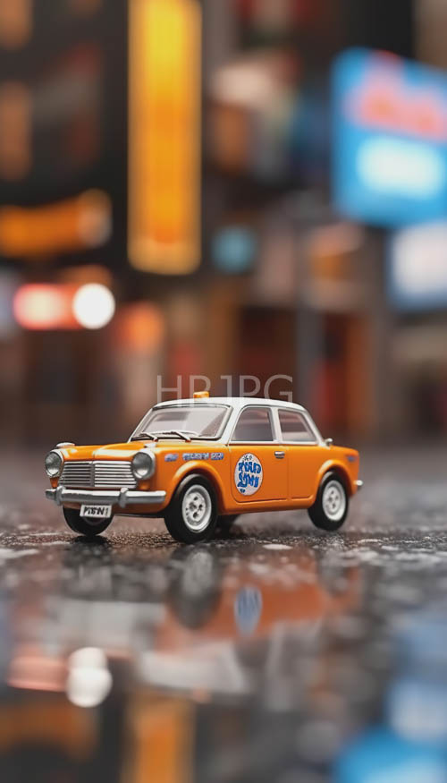 wet pavement cityscape toy taxi with blue circular logo reflects its shape