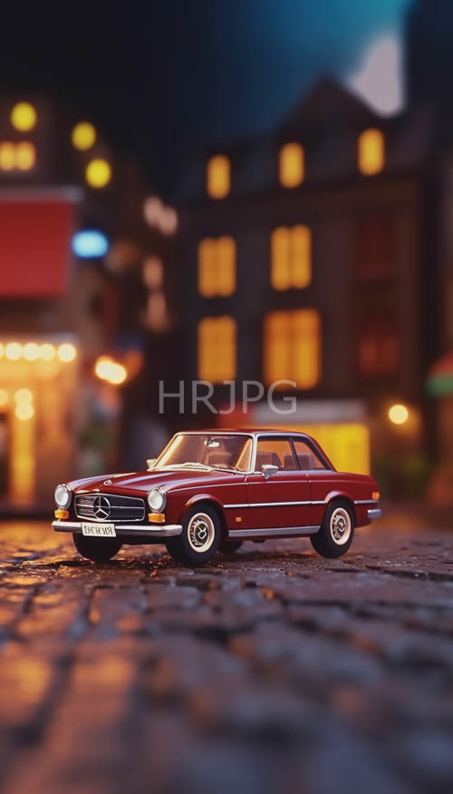 neon city lights reflect off classic cars on cobblestones