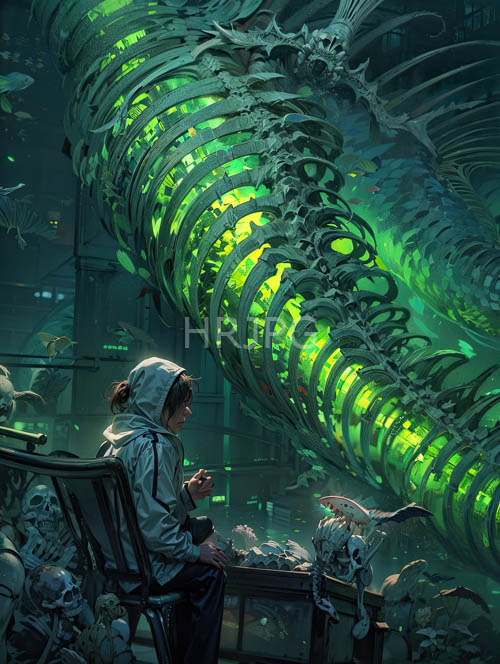 fantastical creatures illuminated by otherworldly green lights in a museum exhibit