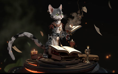 chaotic study of a cat with a tattered red hood in a smoldering bookshop