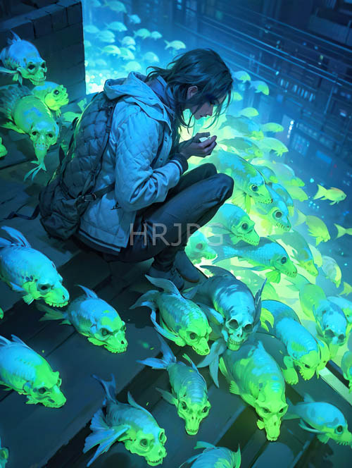 underwater realm unfolds with intricately textured quilted jacket and weathered wooden planks