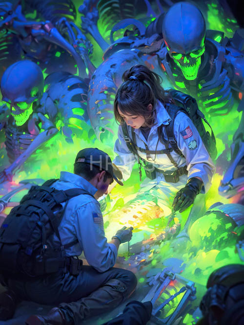 luminous creatures absorb neon light in futuristic skeletal landscape