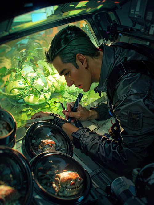asian man examines glowing green plants in futuristic lab setting with metallic equipment and machinery
