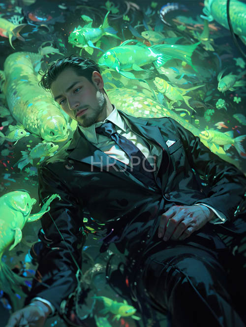 High Resolution: Emerald koi fish weave through a young mans chiseled features amidst murky water in a worn suit download. | HRJPG.com