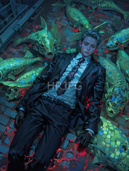 ancient dragons loom over young man on worn cobblestone pavement under dim blue light