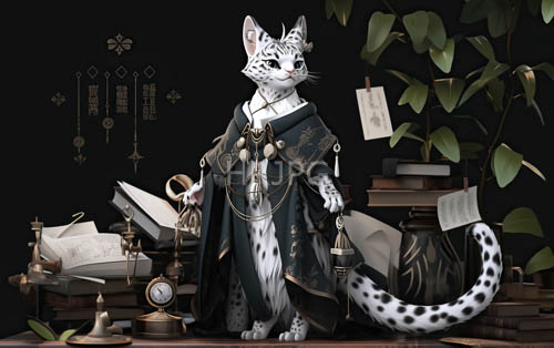 intricate patterns on white fur amidst ornate dark green robes on a wooden table in a dimly lit