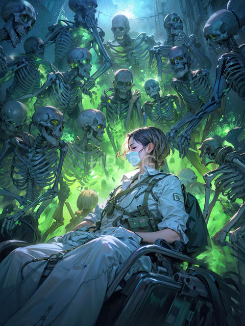 young woman posed amidst macabre assembly of skeletal figures in dimly lit medical environment