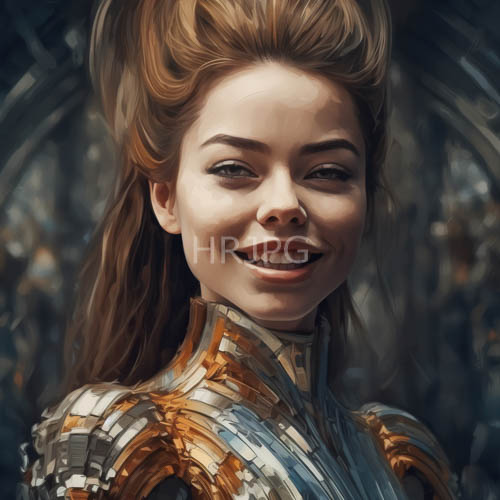 intricately styled updo amidst ornate armorlike clothing in dimly lit medieval