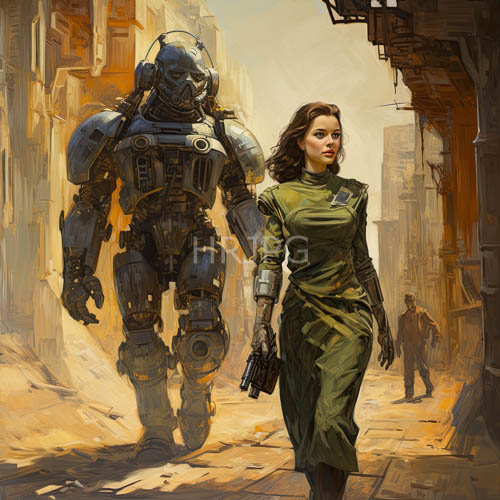 female soldier strides beside metallic robot in urban canyon under golden light