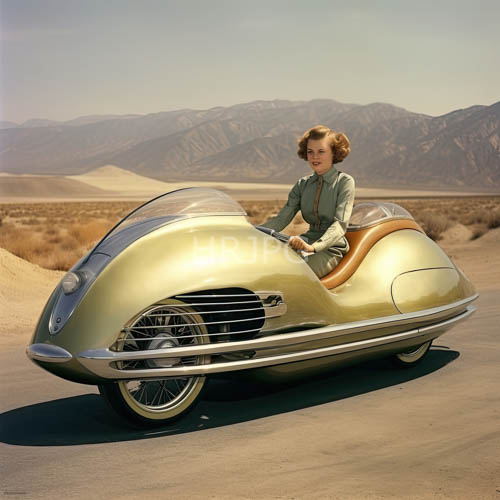 elegant woman navigates rugged desert terrain astride sleek motorcycle amidst vintage green attire