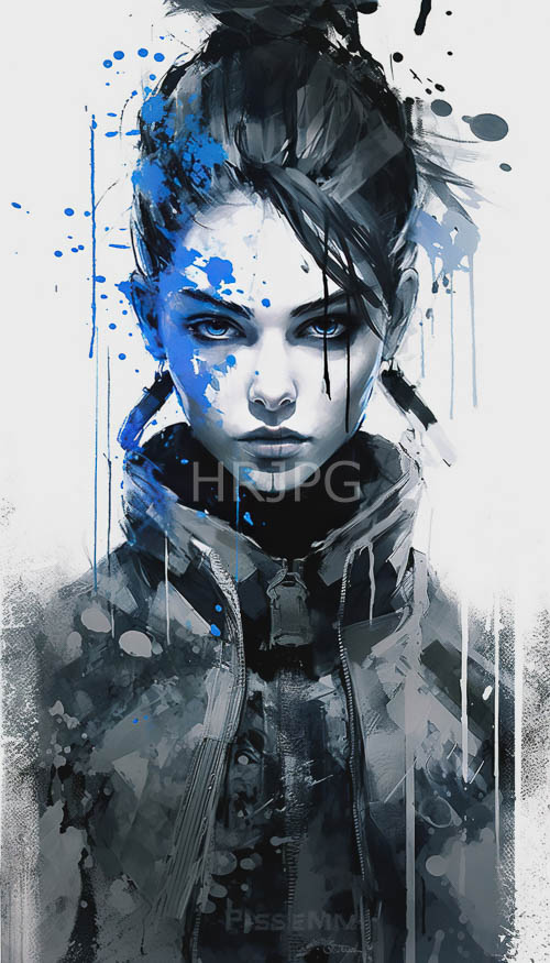 tangled locks frame determined face amidst splattered paint and turmoil