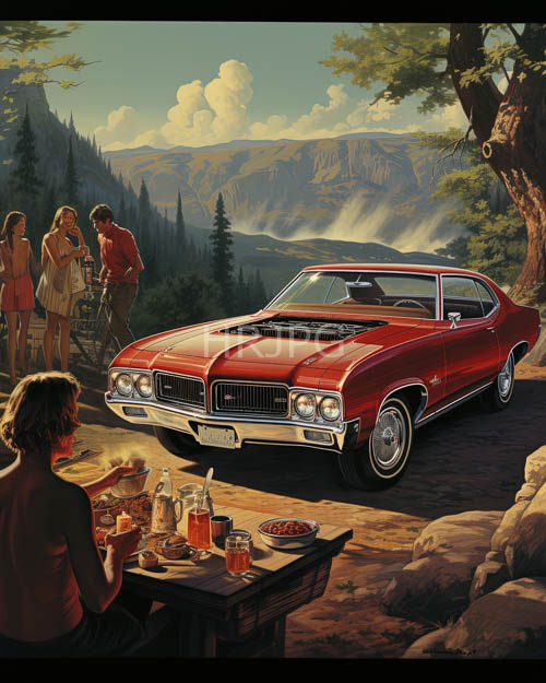 muscle cars park under forest canopies in dappled sunlight