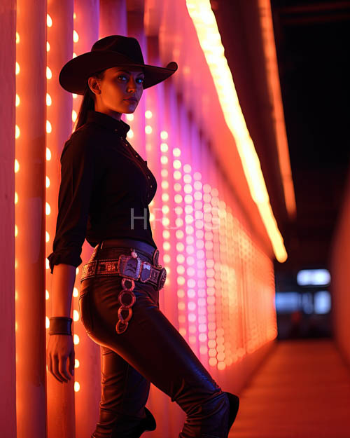 neon kaleidoscope of colors erupts on asian womans rugged leather ensemble in neon lit environment