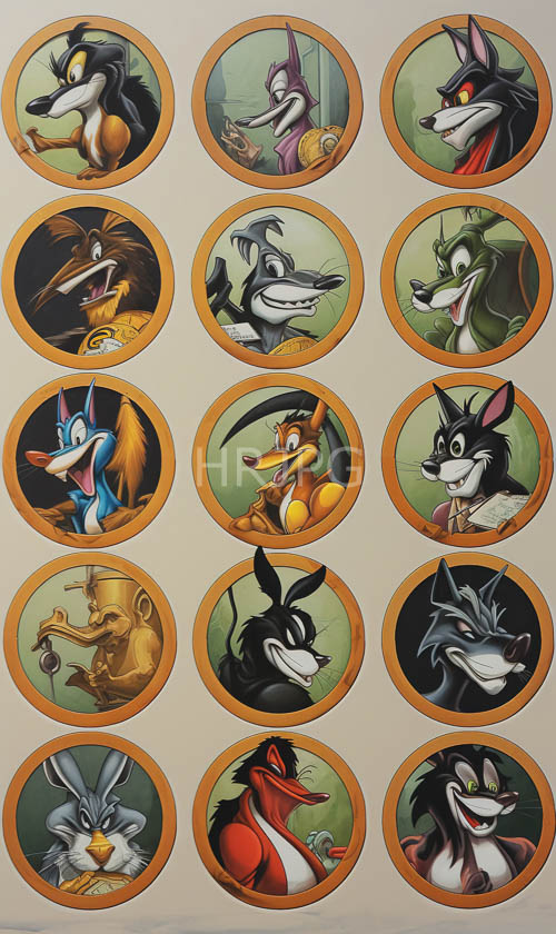 orbs of light illuminate sixteen anthropomorphic cartoon wolf portraits in a grid composition