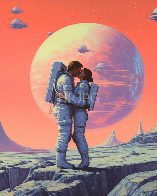 astronauts tender kiss amidst rugged planetary terrain and celestial beauty