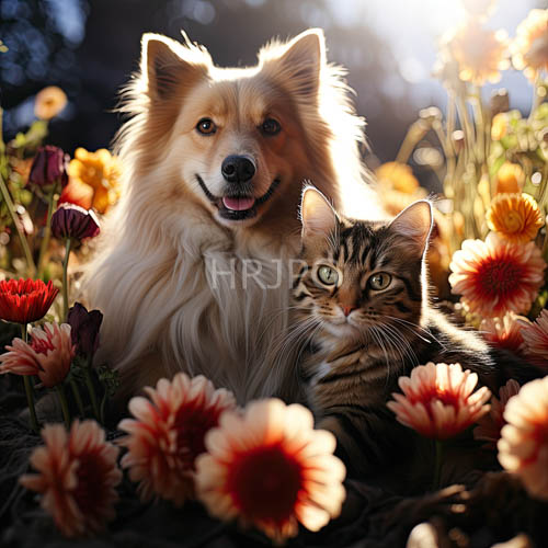 High Resolution: Shetland Sheepdog and Tabby Companion in Green Meadow Amidst Dahlias download. | HRJPG.com