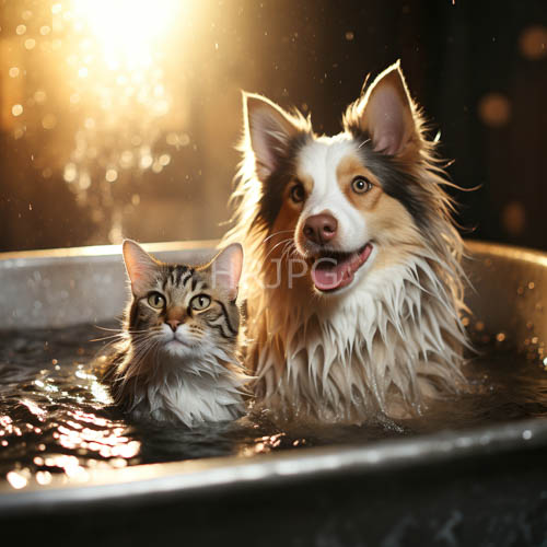 water lilies bloom amidst tranquil lake with submerged canine feline duo under fading light