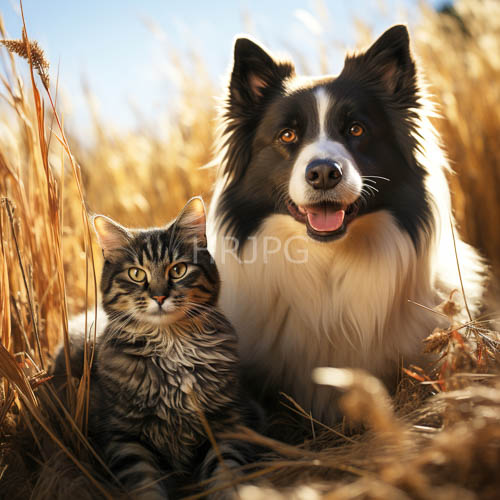 sunlit scenes of tranquil canine and feline companions in lush green meadows