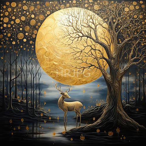 moonlit landscape of inky blackness with golden glow and majestic deer