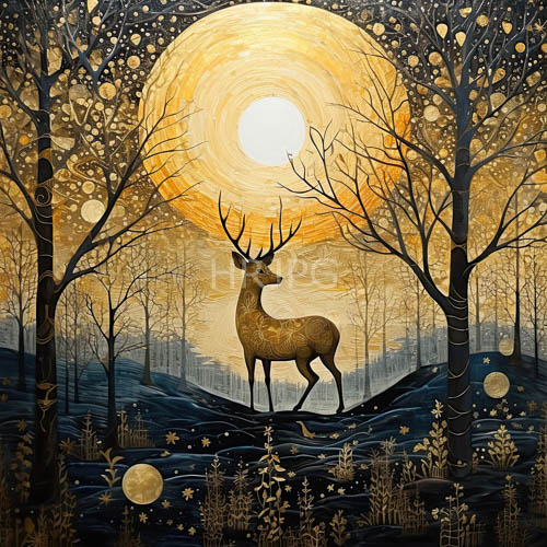 moonlit stag in inky blackness amidst skeletal trunks and dark blue hills